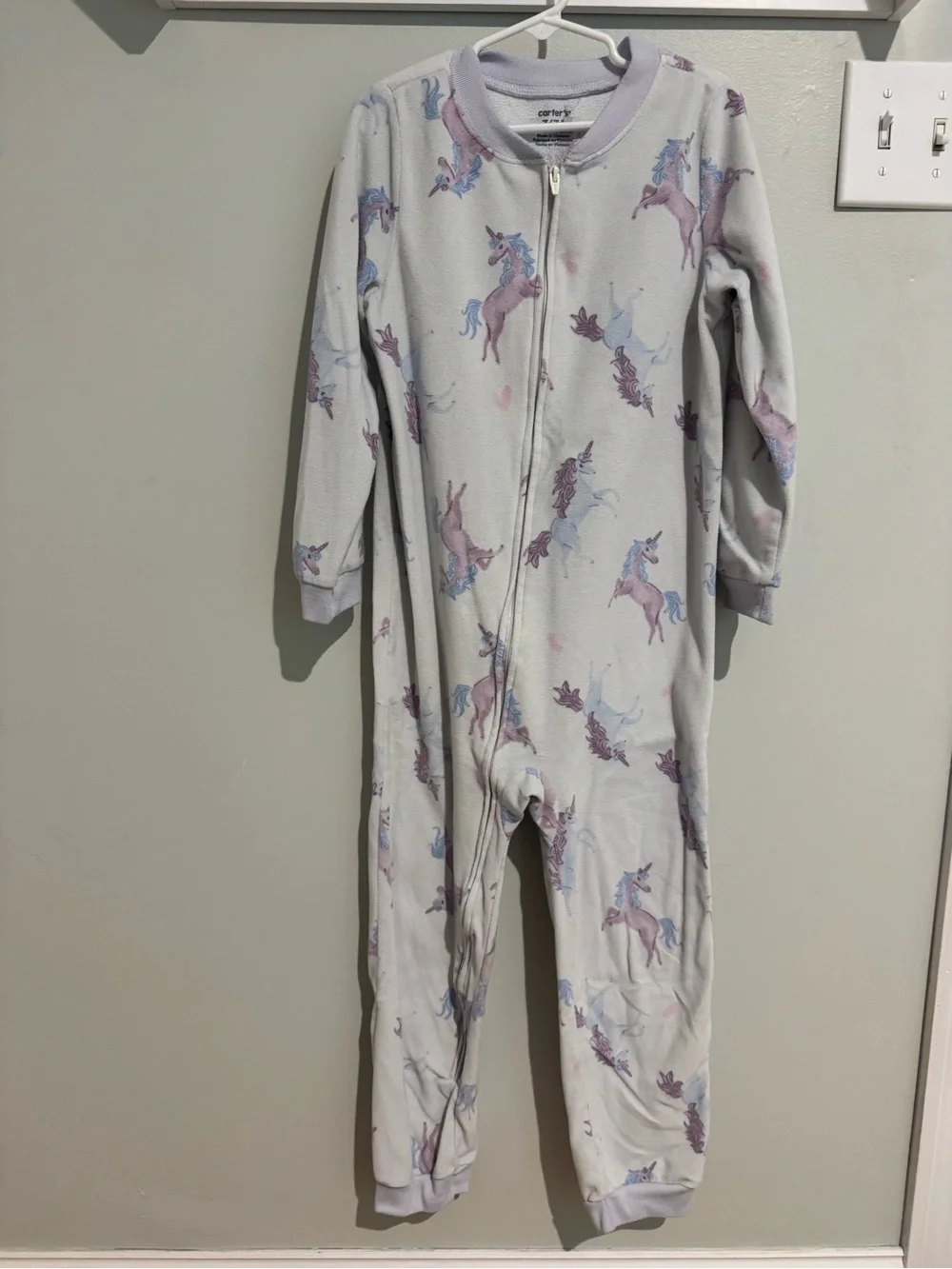 Size 7 Carter's Fleece Cream One-Piece Pajama with Purple and Blue Unicorns